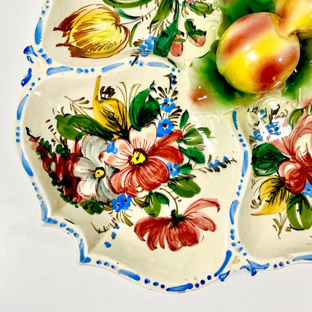 1960s 1960s Vintage Majolica Italian Nove Rose Boho Chic Oval Divided Serving Platter With Trompe L’Oeil Peaches Handle For Sale - Image 5 of 14