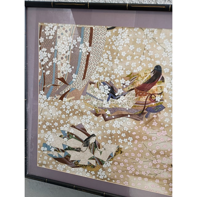 Gold 1960s Japanese Yuzen Paper Art Panel - Court Princesses & Cherry Blossoms For Sale - Image 8 of 9