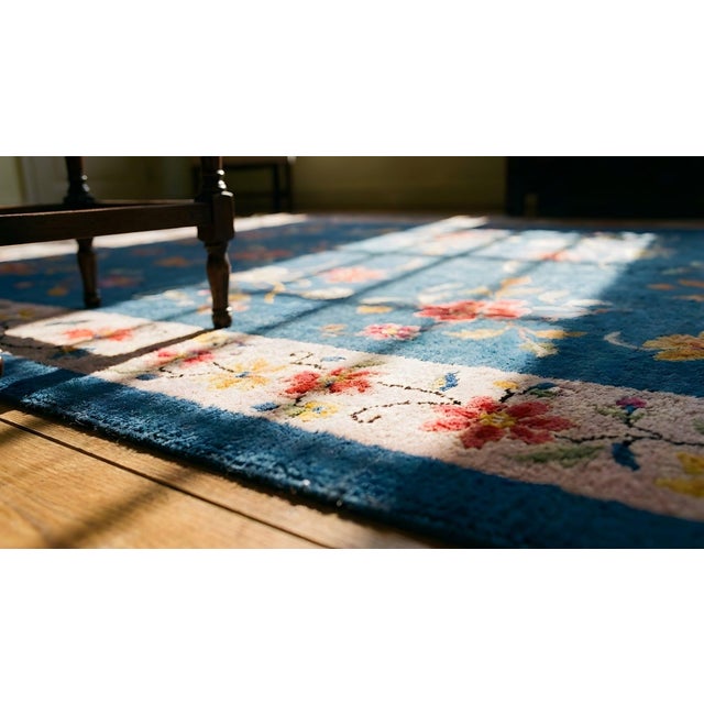1920s Royal Blue Floral Antique Chinese Art Deco Rug 6'0" X 8'9" Knotted Wool Carpet For Sale - Image 10 of 12