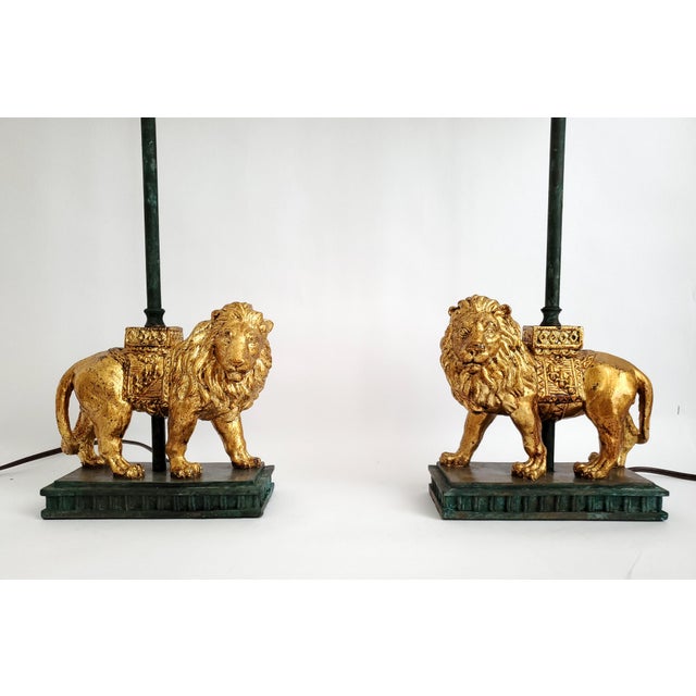 Late 20th Century Lamps Gold Leaf Lions & Shades Pair For Sale - Image 5 of 12