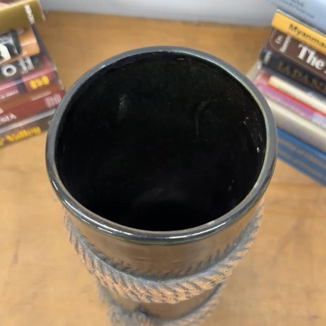 Deep Black Cylindrical Ceramic Vase with Rope Design For Sale - Image 9 of 10