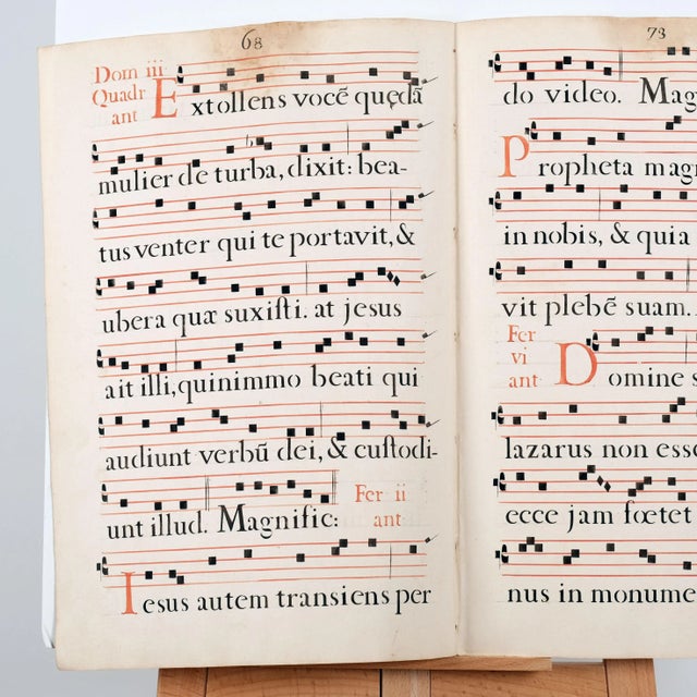 Very Good + Condition 17th Century Latin Antiphonal Music Vellum(?) Manuscript 18" × 12" Four Pages 24" Wide x 18" High...