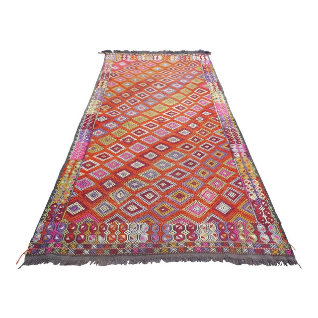 Mid 20th Century Mid 20th Century Persimmon Color Turkish Handmade Kilim Boho Area Rug For Sale
