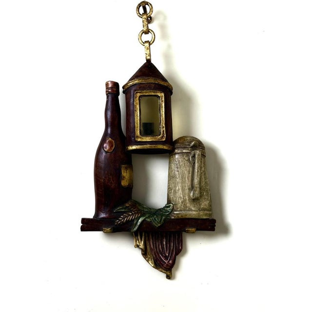Metal Italian Murano Glass Beer Lantern Wall Light in Hand-Carved Wood, 1970s For Sale - Image 7 of 18