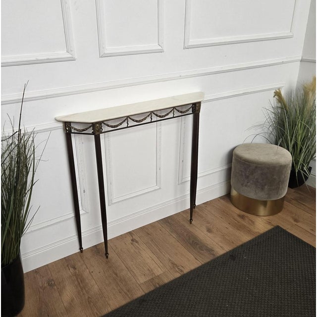 Metal Mid-Century Modern Italian Brass Console Table with White Marble Top, 1950s For Sale - Image 7 of 11