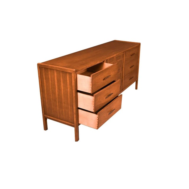 Brown 1970s Mid-Century Walnut Weave Pattern Long Dresser For Sale - Image 8 of 12