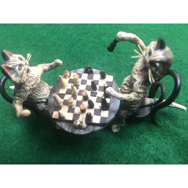 Gray 20th Century Cat Pair Playing Chess Austrian Vienna Bronze Miniature Figures For Sale - Image 8 of 9