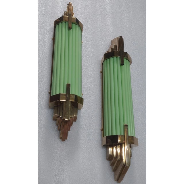 Art Deco Pair Vintage 1940s Skyscraper Art Deco Wall Sconces Fixture Brass & Opaline Green Glass Rod Ship Light For Sale - Image 3 of 6