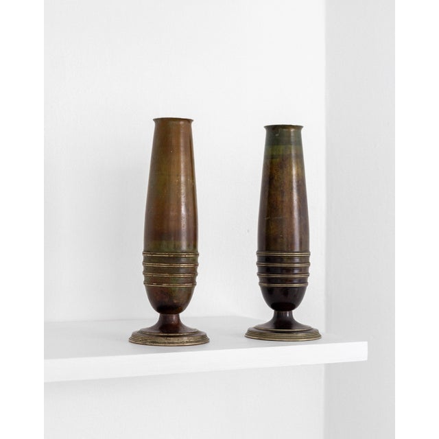Rare pair of 1940s Modernist vases by GAB (Guldsmedsaktiebolaget), Sweden. Crafted in brass with GAB's patented 'Ori'...