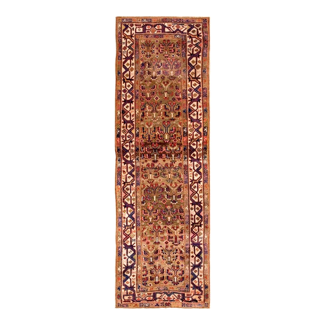 1870s Brown Geometric Tribal Antique W. Persian Kurdish Runner Rug 3'9" X 11'3" Handknotted Wool Carpet For Sale