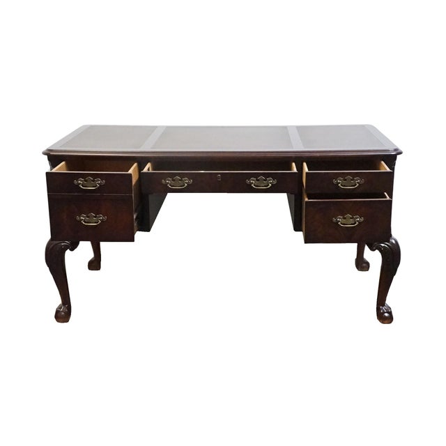 Late 20th Century Hekman Furniture Solid Mahogany Traditional Chippendale Style 58" Writing Desk W. Tooled Leather Top For Sale - Image 5 of 12