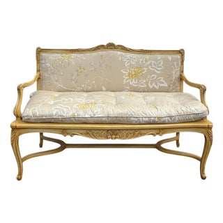 Cane Vintage Provincial Settee in Custom Butter Upholstery For Sale