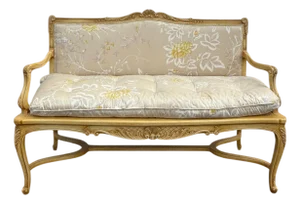 Cane Vintage Provincial Settee in Custom Butter Upholstery
