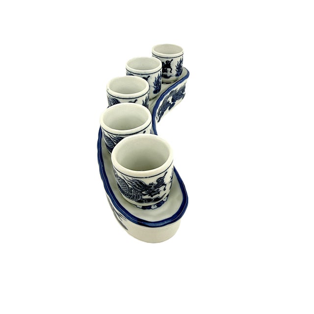 Asian Moder Bat Trang Vietnam Ceramic Blue & White Dragon Shot Set Hand Painted in a Yin Yang Chinoiserie Motif - Set of 6 For Sale - Image 4 of 9