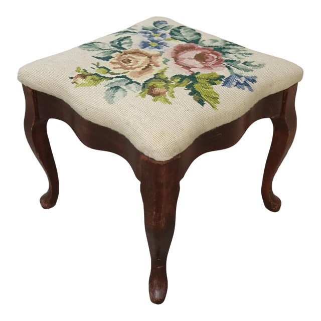 Vintage French Provincial Floral Queen Anne Needlepoint Footstool ~ Bench For Sale