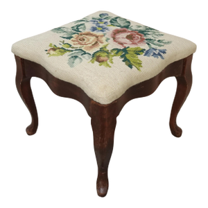 Vintage French Provincial Floral Queen Anne Needlepoint Footstool ~ Bench