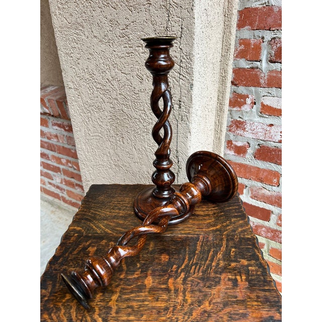 English Antique English Oak Open Barley Twist Candlesticks Jacobean Pair C1860 12.5” For Sale - Image 3 of 18