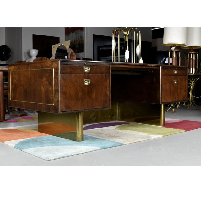 Romweber 1970s Romweber Burl Elm Wood and Gold Trim Executive Desk and Credenza Set For Sale - Image 4 of 18