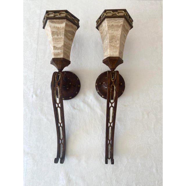 Alabaster and Metal Torchiere Sconces Exquisite and Unique Mint Condition Vintage For Sale - Image 9 of 12