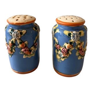 Vintage Blue Floral Ceramic Salt & Pepper Shakers For Sale