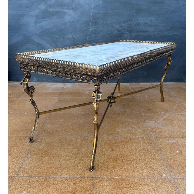 Gold Neoclassical Bronze and Marble Coffee Table with Swan Motifs, 1940s For Sale - Image 8 of 13