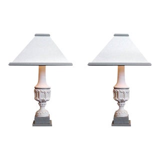 French 19th Century Painted Stone Pillar Lamps With Painted Wood Half Shades - a Pair For Sale