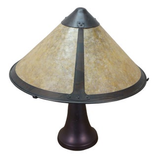 Attributed to Dirk Van Erp Mica Lamp Company 3 Light Arts & Crafts Copper Trumpet Lamp Mica Shade 23" For Sale