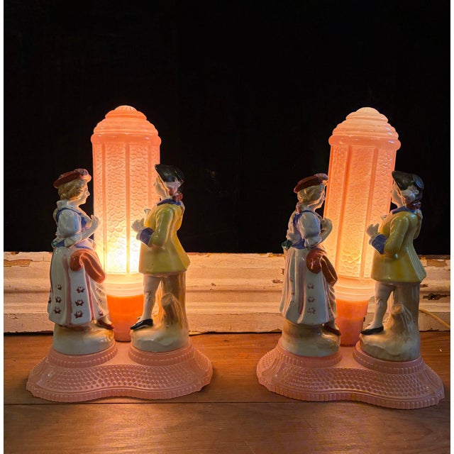 1930s Vintage Art Deco Courting Couples Pink Glass Lamps1930s Era - a Pair For Sale - Image 5 of 12