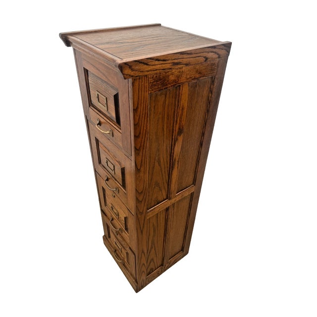 Arts & Crafts Vintage Tiger Oak File Cabinet Four Drawers, Paneled Sides, Rare Letter Size For Sale - Image 3 of 12
