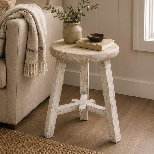Elm round table Weathered white wash. Story: Multilayered finishes are hand-painted using rich hues, which are artfully...