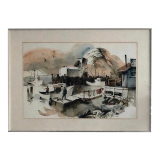 Mid 20th Century Watercolor Boats at Port Original Watercolor Signed For Sale