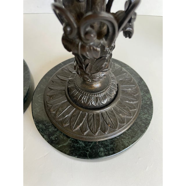 Pair of Antique Bronze and Green Marble Mantle Vases For Sale - Image 10 of 10
