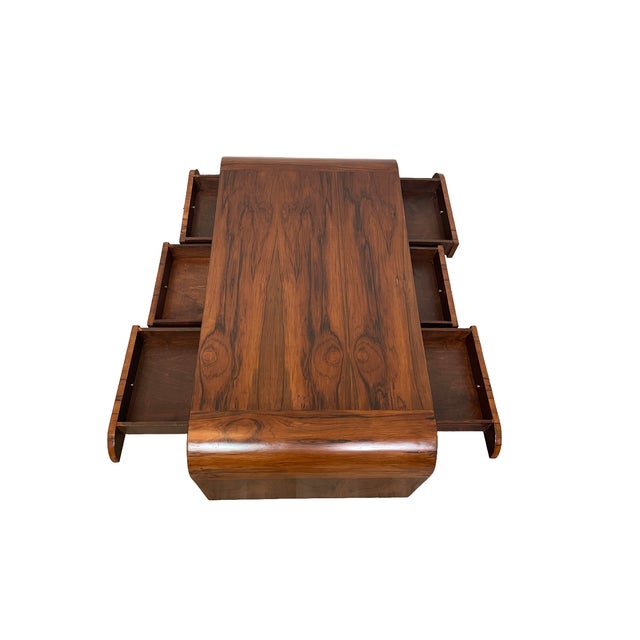 Early 20th Century Art Deco Brazilian Rosewood Veneer Waterfall Six-Drawer Coffee Table For Sale In Los Angeles - Image 6 of 14