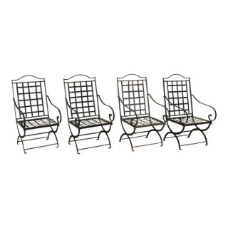 Set of Four Hervé Baume French Wrought Iron Folding Patio Chairs | Outdoor Garden Armchairs | France 1970s For Sale