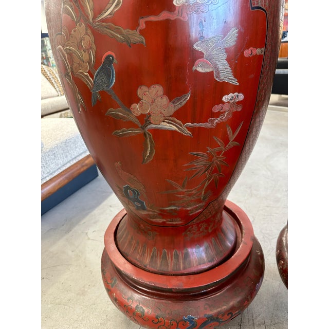 Large 19th Century Chinese Red Lacquered Palace Vases on Stands For Sale - Image 17 of 18
