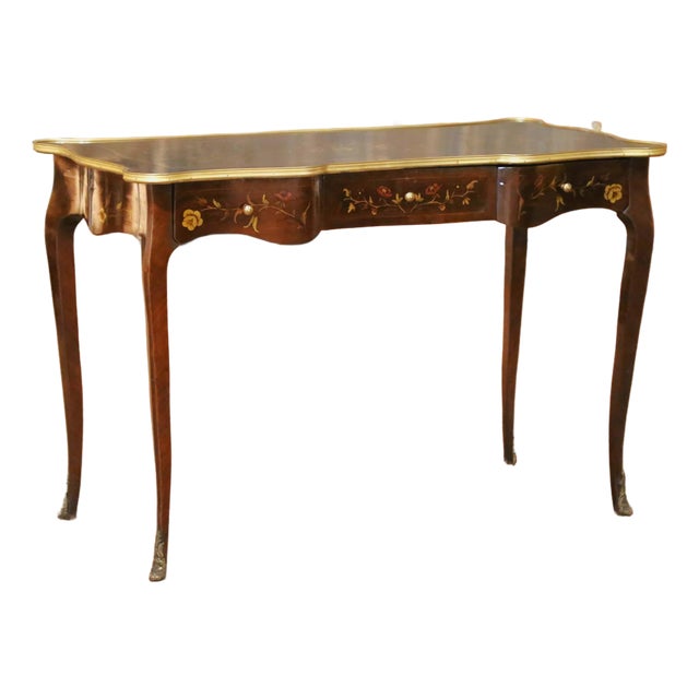 Mid-Century Louis XV Floral Marquetry Mahogany Writing Table With Brass Accents For Sale