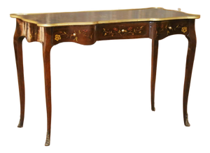 Mid-Century Louis XV Floral Marquetry Mahogany Writing Table With Brass Accents