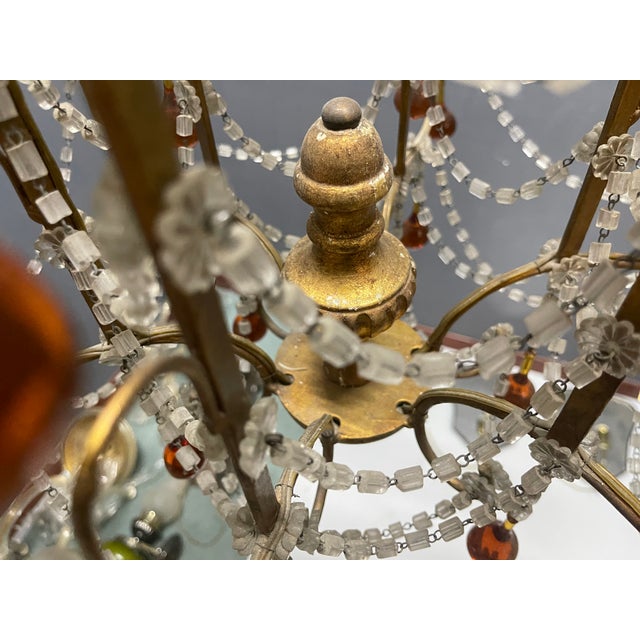 Italian Florentine Giltwood and Amber Murano Glass Drop 6-Light Chandelier, 1950s For Sale - Image 9 of 15