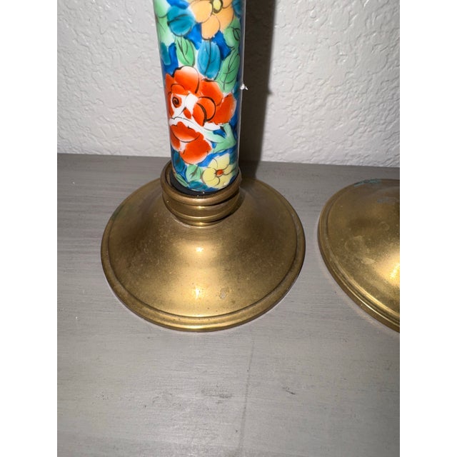 Late 20th Century Late 20th Century Vintage Chinoiserie Brass and Cloisonné Enamel Candlestick Holders - Pair For Sale - Image 5 of 9