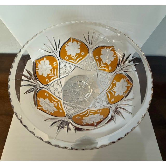 Vintage Polish Julia Cut Crystal Amber Overlay Footed Centerpiece Bowl For Sale - Image 4 of 9
