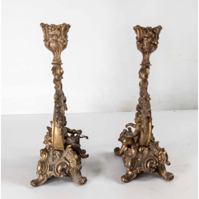 Late 19th Century 19th Century Pair of French Rococo Revival Gilt Bronze or Copper Alloy Candlesticks For Sale - Image 5 of 14