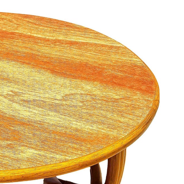 Yellow 1950s Restored Mid-Century Five-Pole Rattan & Mahogany Coffee Table W/ Tri-Corner Base For Sale - Image 8 of 10