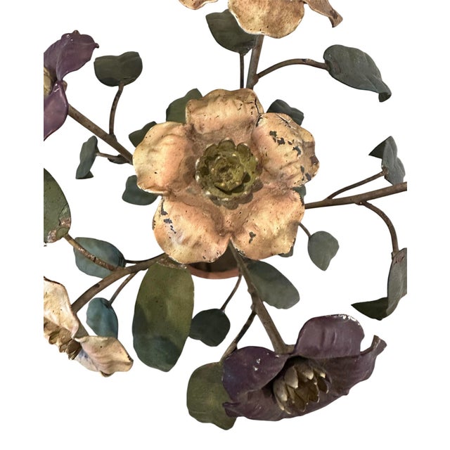 Mid 20th Century Vintage Italian Hand Painted Potted Tole Violets Floral Arrangement / Flower Sculpture / Object, in Purple & Peach Pink For Sale - Image 5 of 9