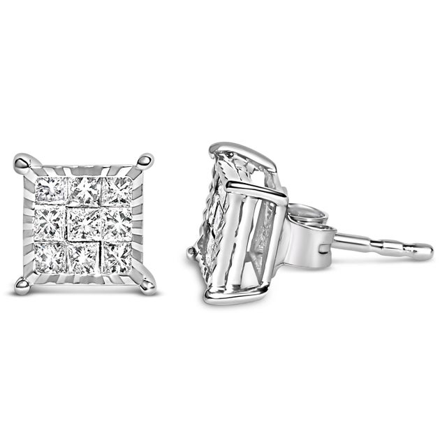 Contemporary Sterling Silver 1/2 Cttw Princess Diamond Composite Square Stud Earrings For Sale - Image 3 of 5