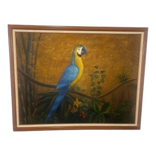 Vintage Boho Bamboo Parrot Painting, Illegible Signature, Framed 48” X 36 - Signed Unknown Artist For Sale
