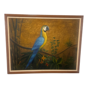 Vintage Boho Bamboo Parrot Painting, Illegible Signature, Framed 48” X 36 - Signed Unknown Artist