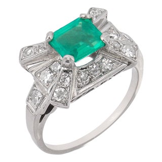Mid 20th Century Retro Emerald Diamond 14k White Gold Cocktail Ring, Size 5.5 For Sale