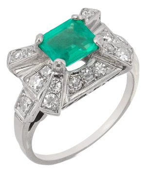 Mid 20th Century Retro Emerald Diamond 14k White Gold Cocktail Ring, Size 5.5