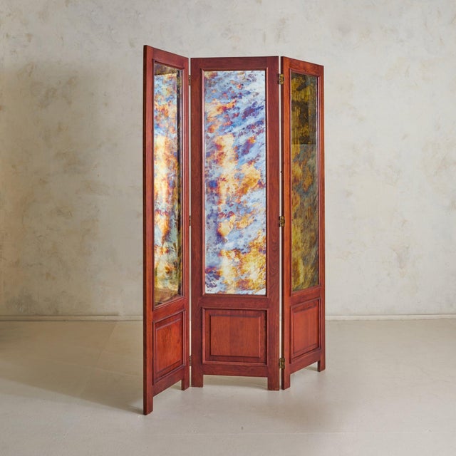Modern Vintage French Three-Panel Folding Screen + Antiqued Mirror Glass - 2 Available For Sale - Image 3 of 11