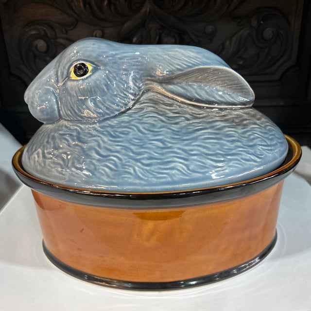 Gorgeous rabbit tureen by Secla of Portugal this beautiful majolica rabbit covered dish is decorative and useful.